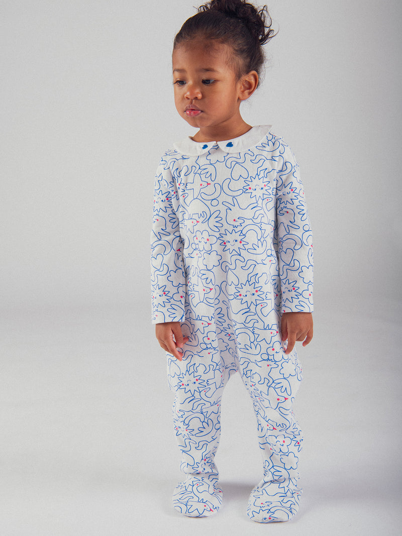 Grenouillère écrue col Claudine avec imprimé intégral "Dream" bleu pour bébé fille