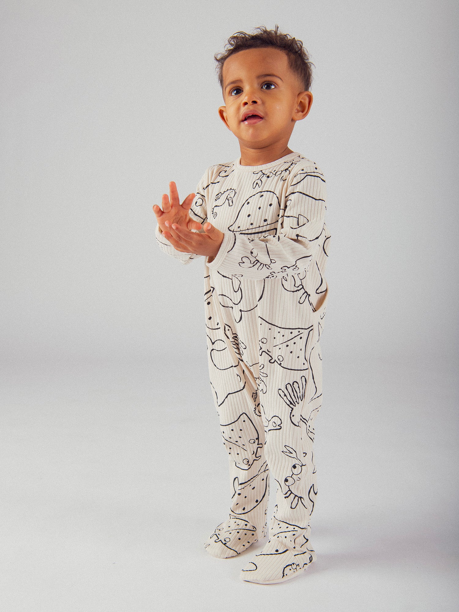 Grenouillère écrue avec imprimé intégral "Animaux Marins" pour bébé garçon