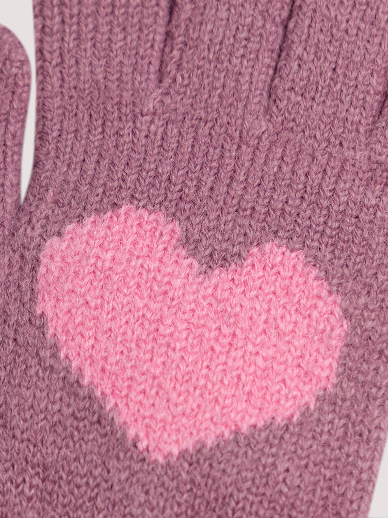 Gants violet en tricot à coeurs pour fille