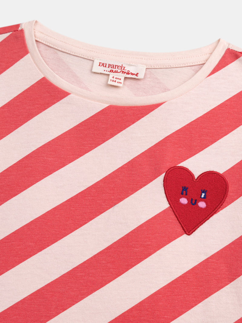 T-shirt rose rayé manches courtes avec badge pour fille