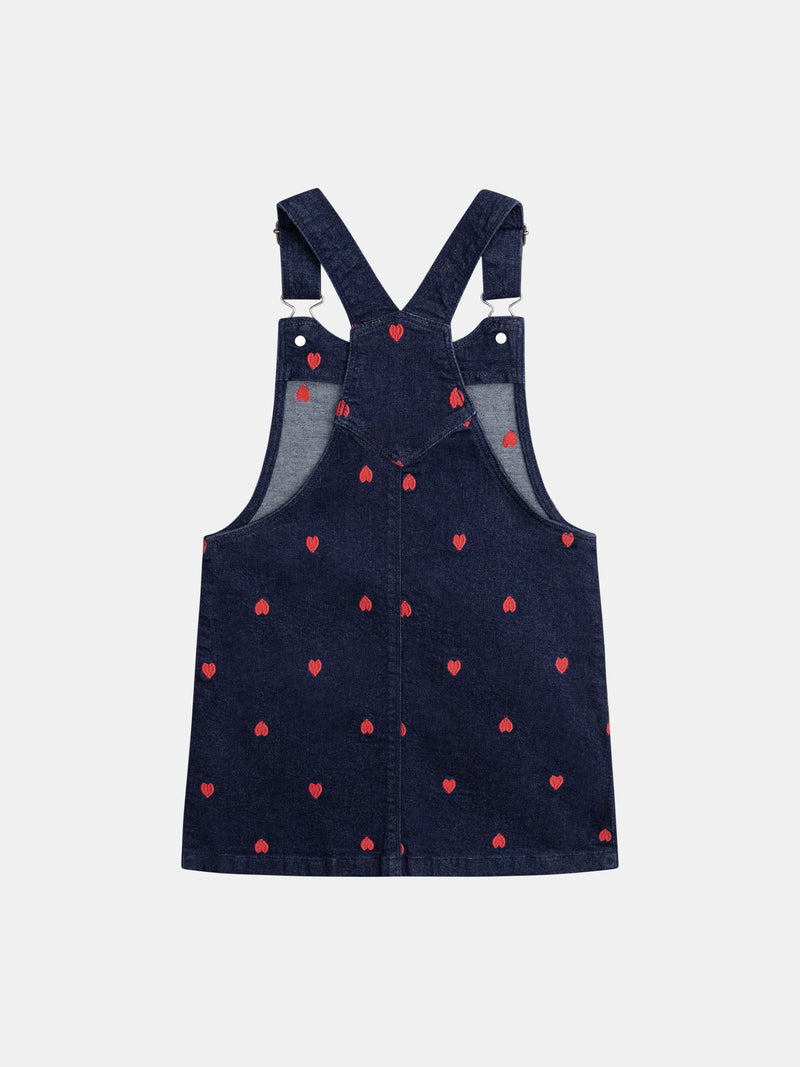 Robe-salopette bleu en denim et broderies cœur pour fille