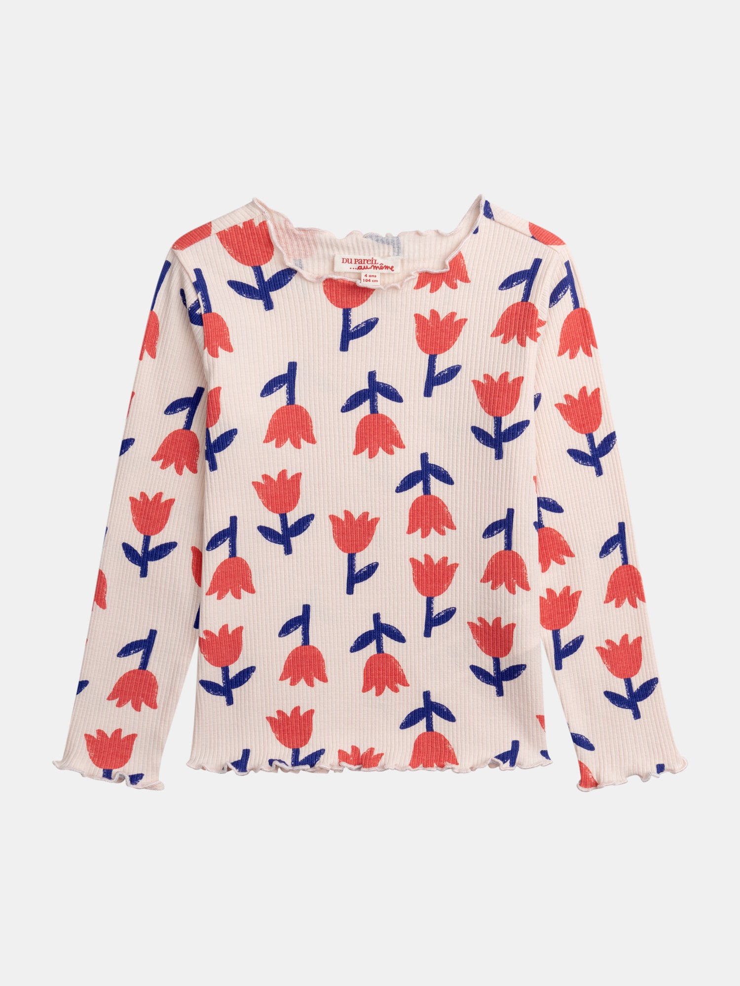 T-shirt à côte manches longues rose imprimé coquelicots pour fille