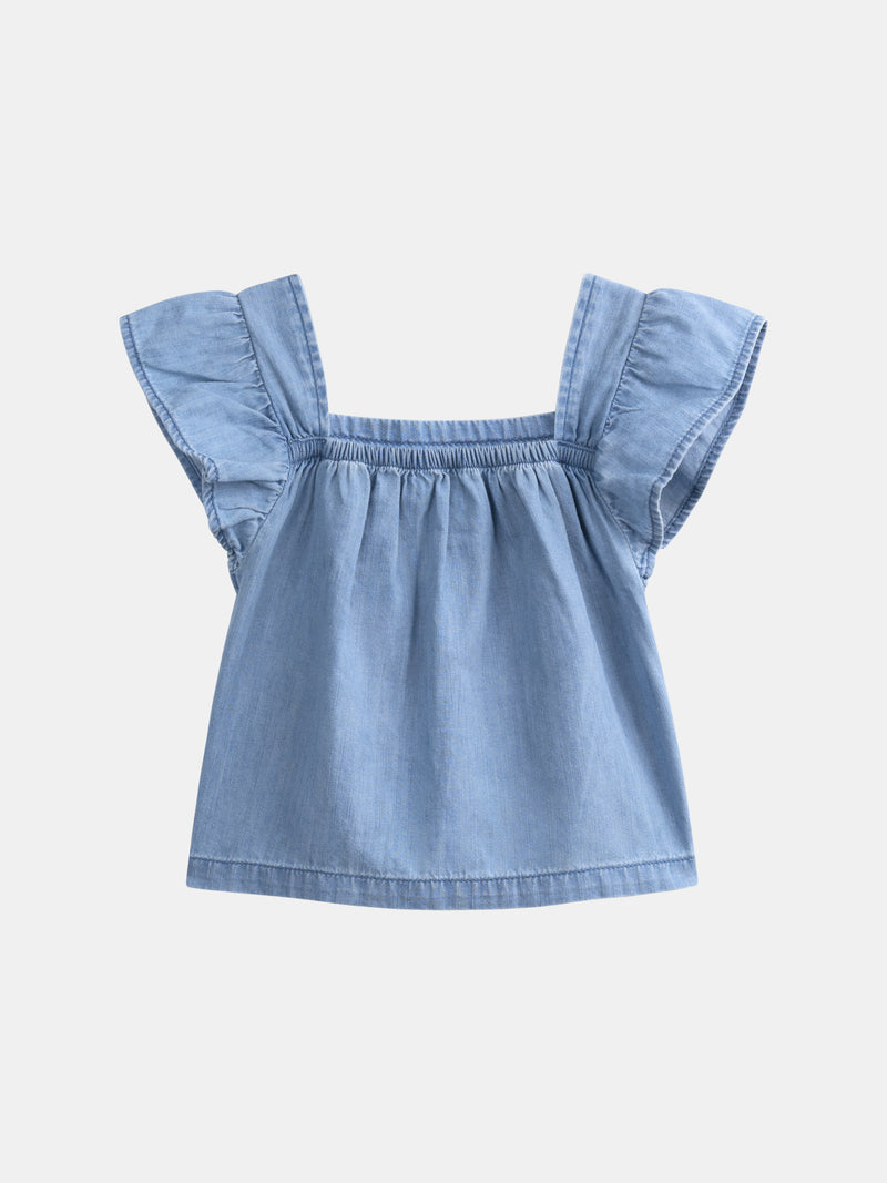 Chemisier bleu à broderies florales pour fille