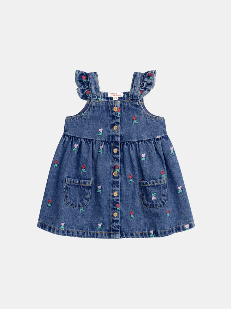 Robe en denim avec broderies fleurals-coeurs pour bébé fille