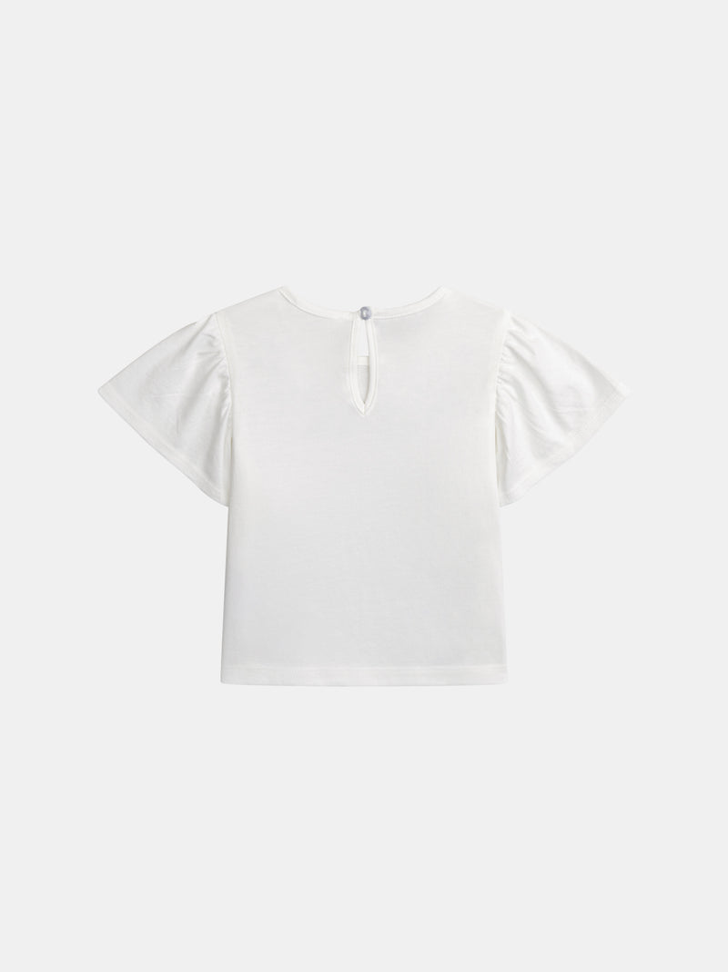T-shirt brodé à fleurs écru avec manches volantées pour bébé fille