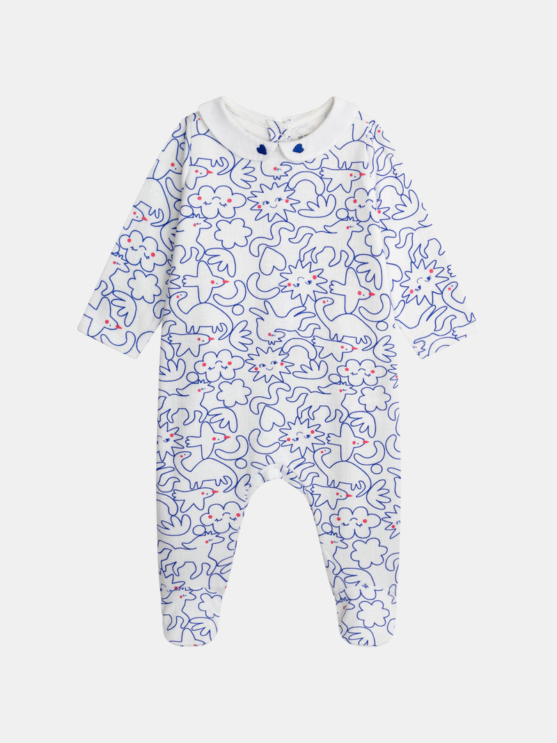 Grenouillère écrue col Claudine avec imprimé intégral "Dream" bleu pour bébé fille