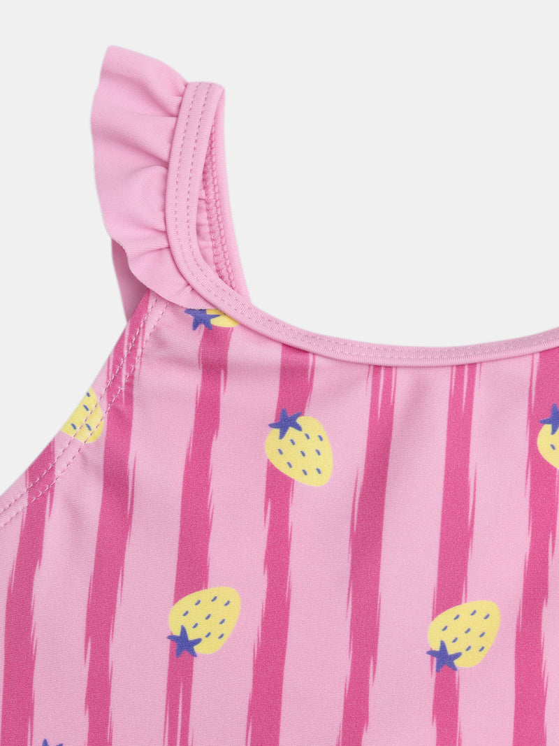 Maillot de bain 1 pièce imprimé fraises à rayures roses
