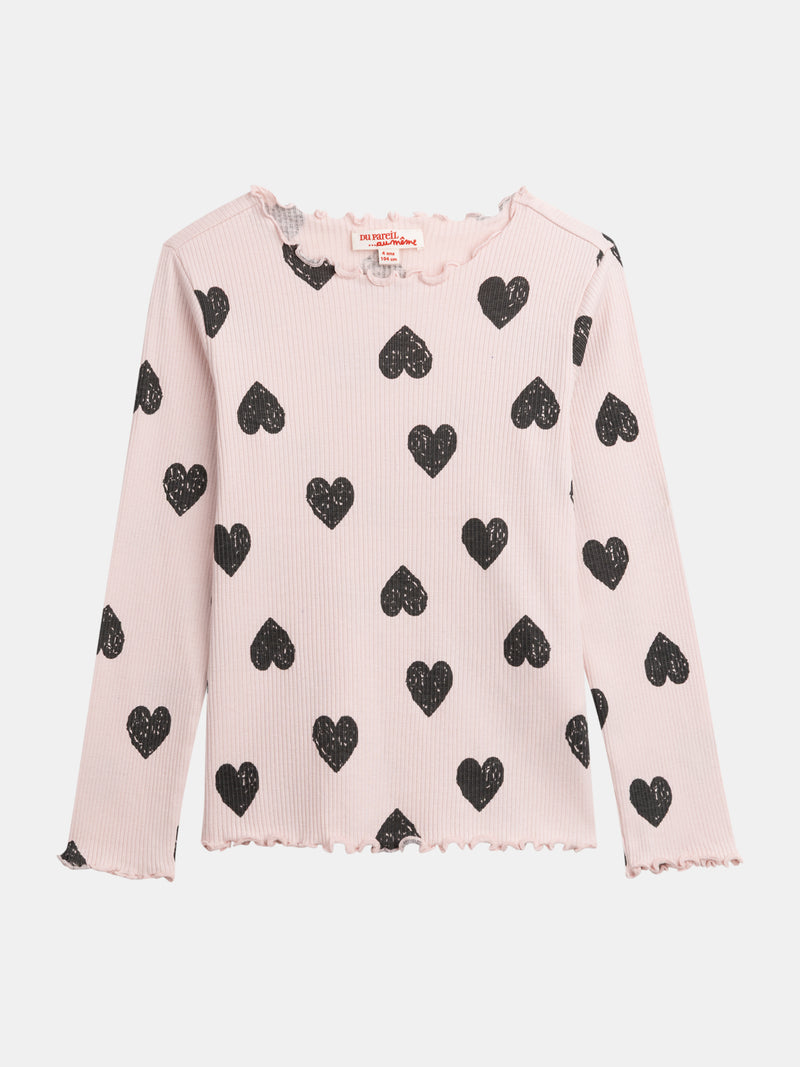 T-shirt rose à manches longues et imprimé coeur pour fille