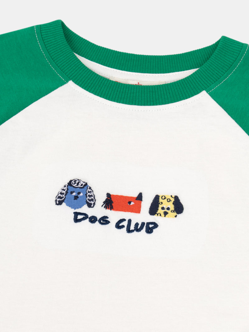 T-shirt écru à manches vertes broderie têtes de chiens pour garçon
