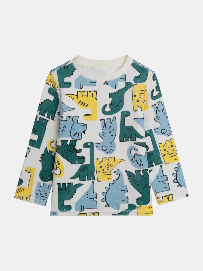 Pyjama 2 pièces en velours imprimé intégral dinosaures colorés pour enfant garçon
