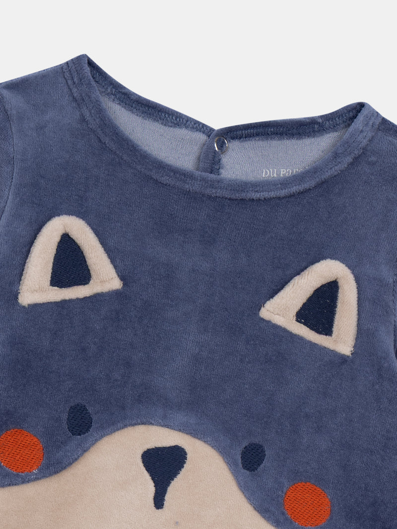 Grenouillère en velours bleu océan et grège motif renard pour bébé garçon