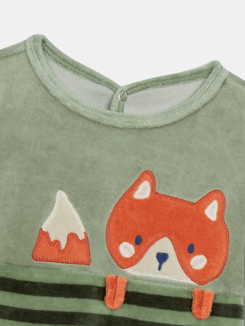 Grenouillère en velours vert amande et rayée motif renard pour bébé garçon