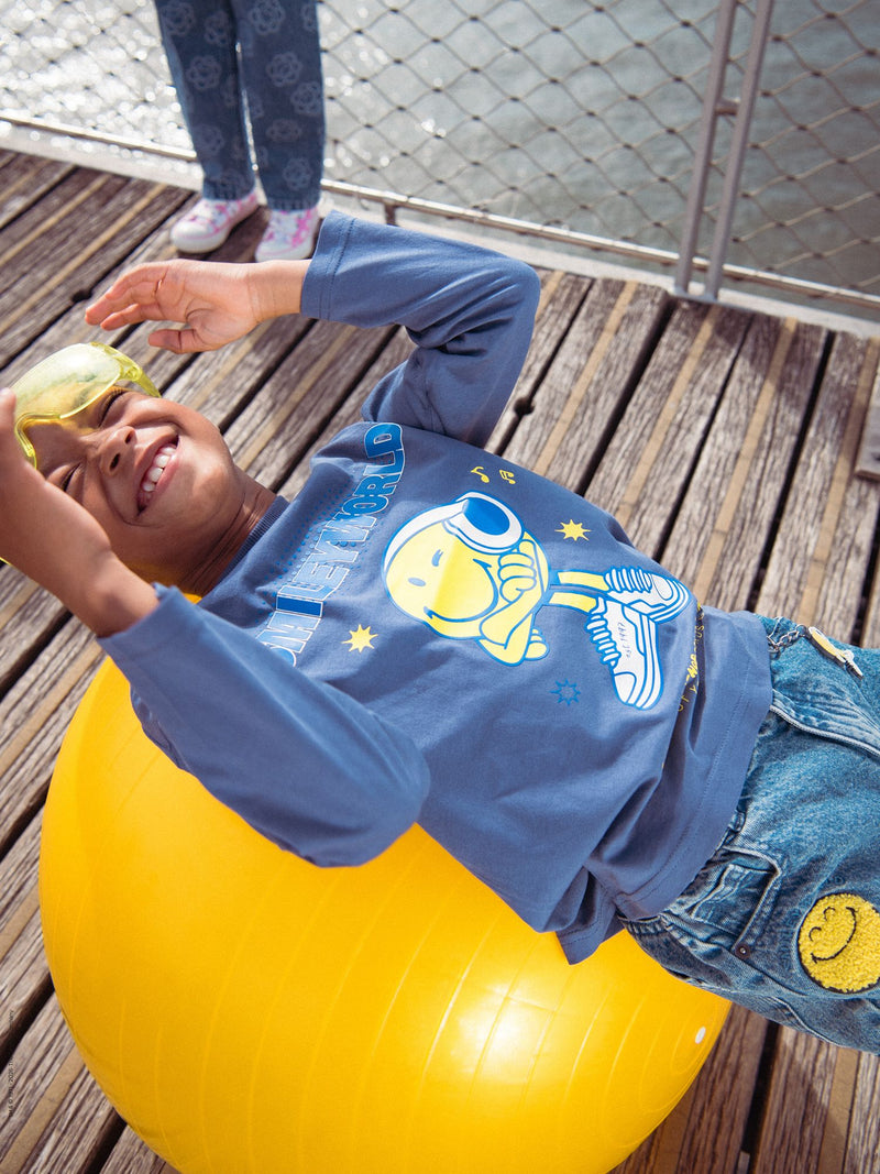 T-shirt bleu à manches longues à imprimé SMILEYWORLD pour garçon