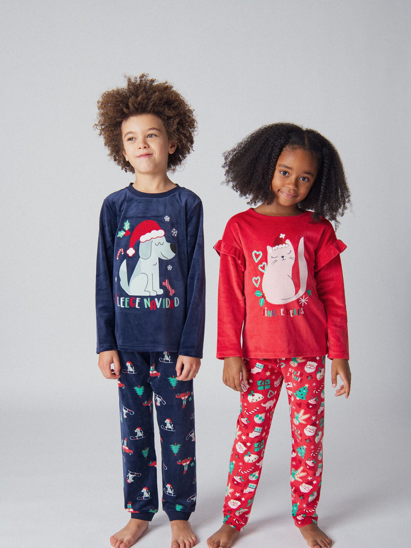 Pyjama 2 en velours rouge imprimé chat de Noël pour fille