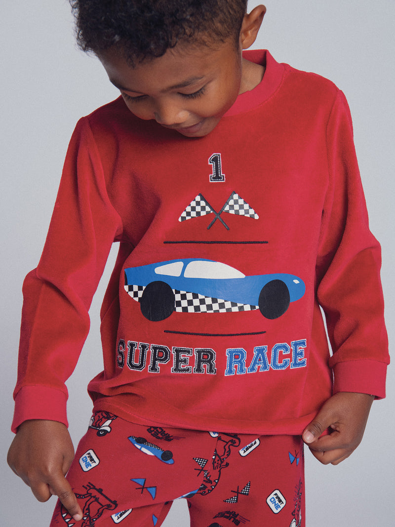 Pyjama 2 pièces en velours motif voiture de course pour enfant garçon