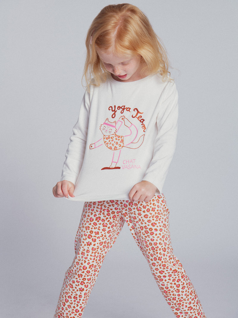 Pyjama écru et rose en velours "Cat Yoga Team" pour enfant fille