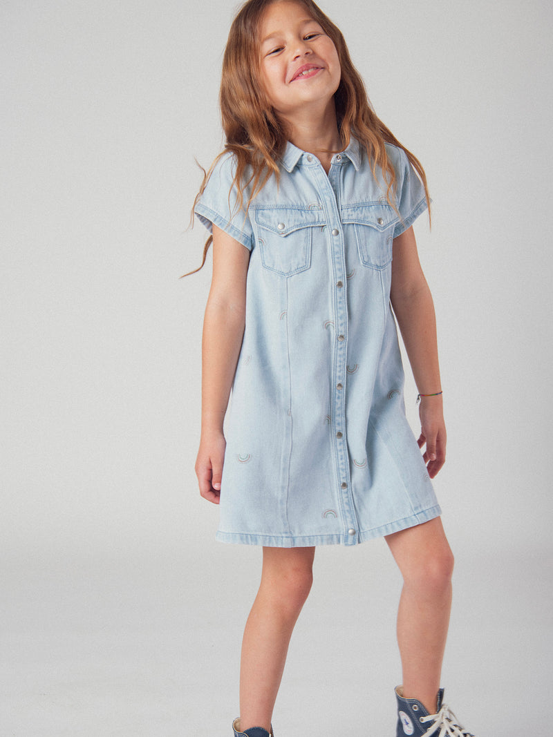 Robe en denim bleu clair et imprimé arc en ciel pour fille