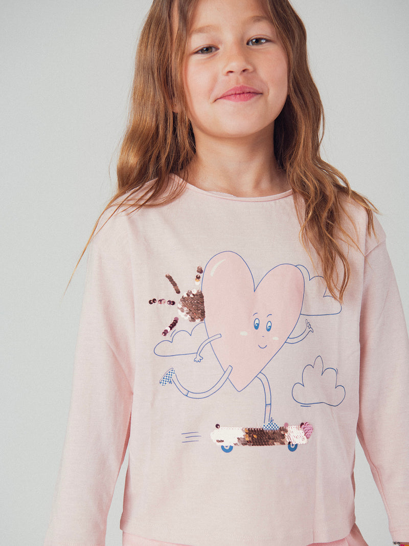 T-shirt rose clair animation coeur pour fille