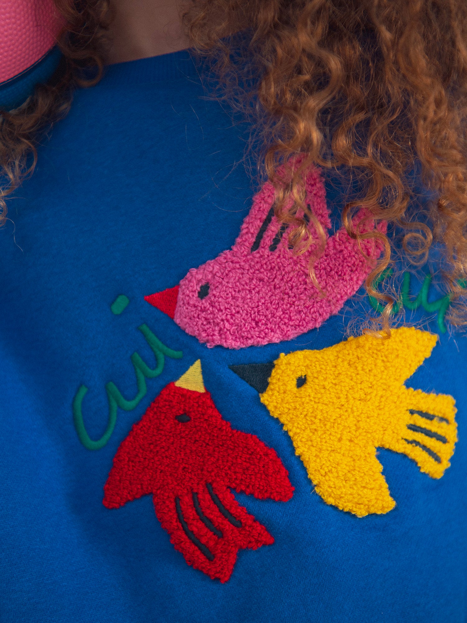 Sweat bleu animation oiseaux pour fille