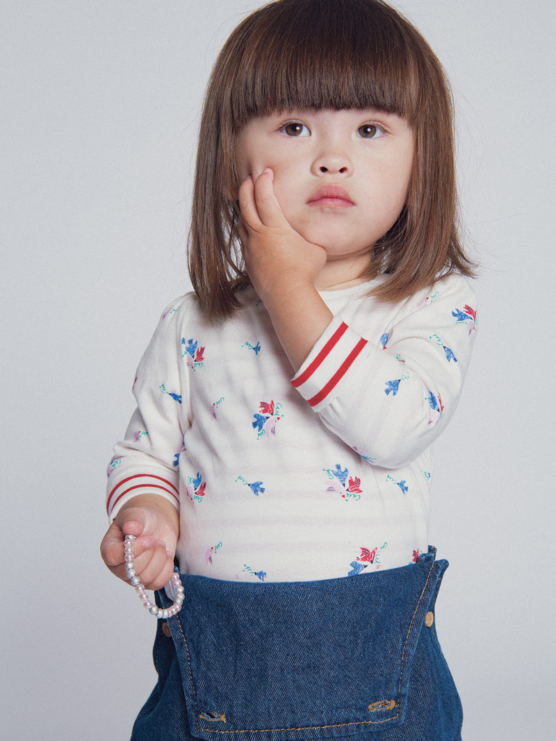 Tee-shirt réversible écru et rayé "ARTY SCHOOL" pour bébé fille