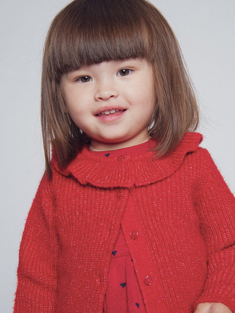 Cardigan rouge à col volanté pour bébé fille
