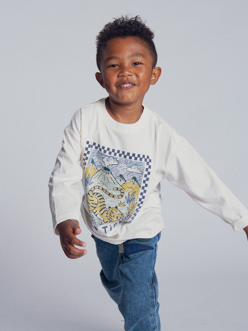 T-shirt écru à manches longues et animation tigre pour garçon