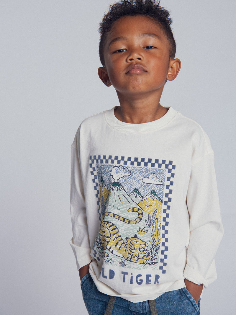 T-shirt écru à manches longues et animation tigre pour garçon