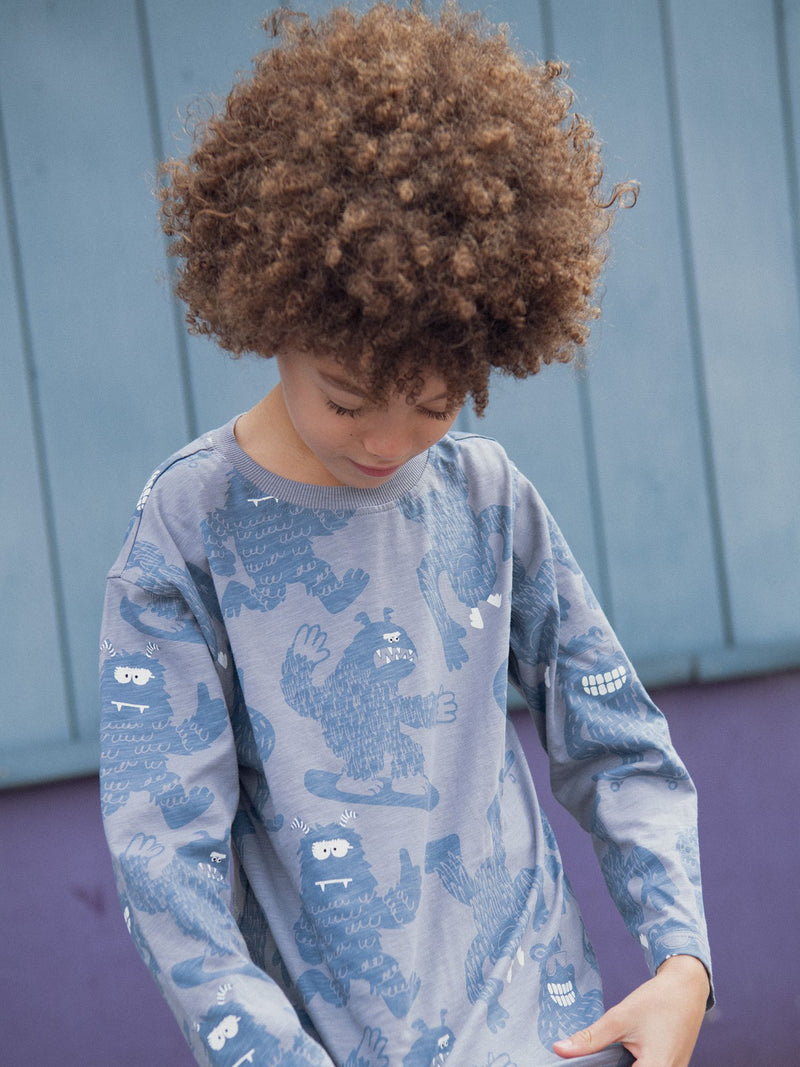 T-shirt manches longues bleu imprimé yétis pour garçon