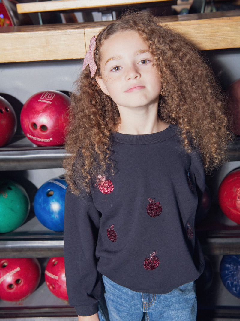 Sweat marine à animations pommes en sequins pour fille