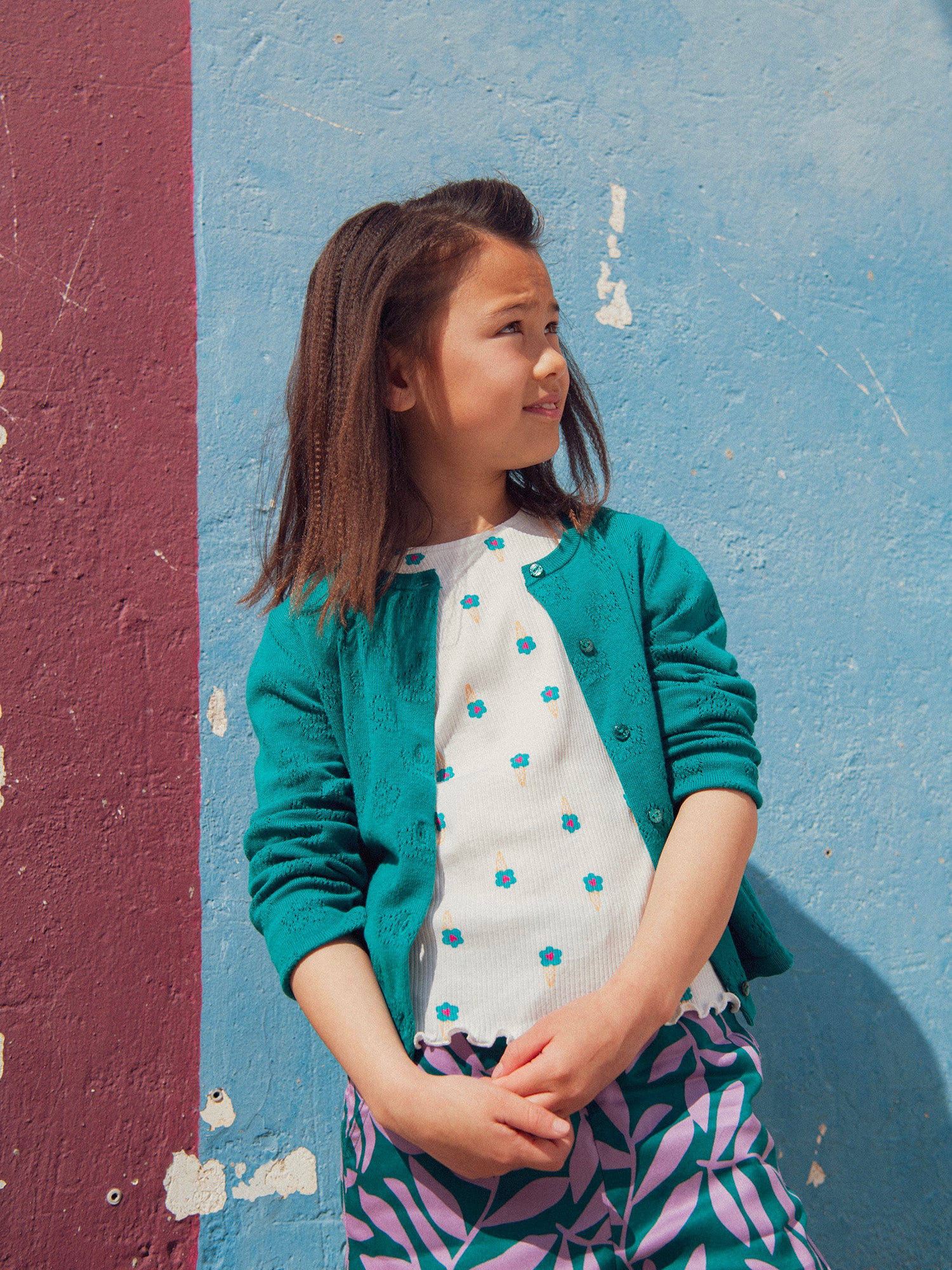 Cardigan vert en pointelle fleur pour fille