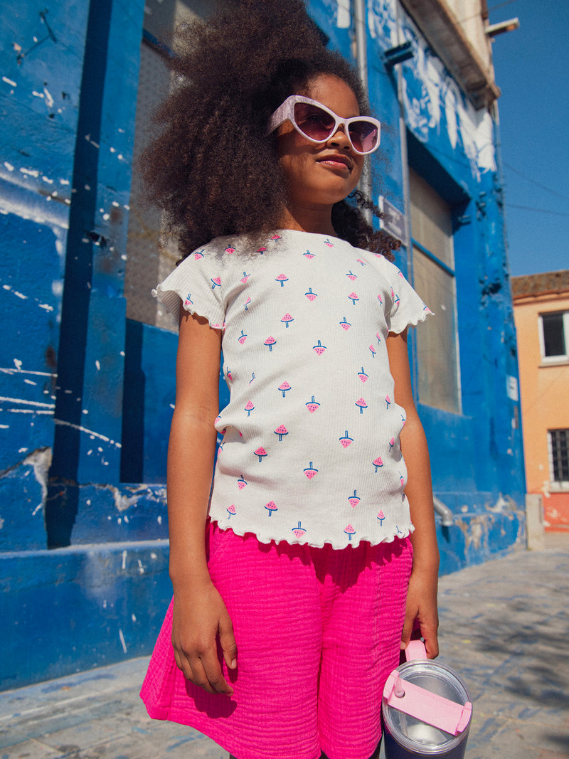 T-shirt en côte écru imprimé glace pastèque pour fille