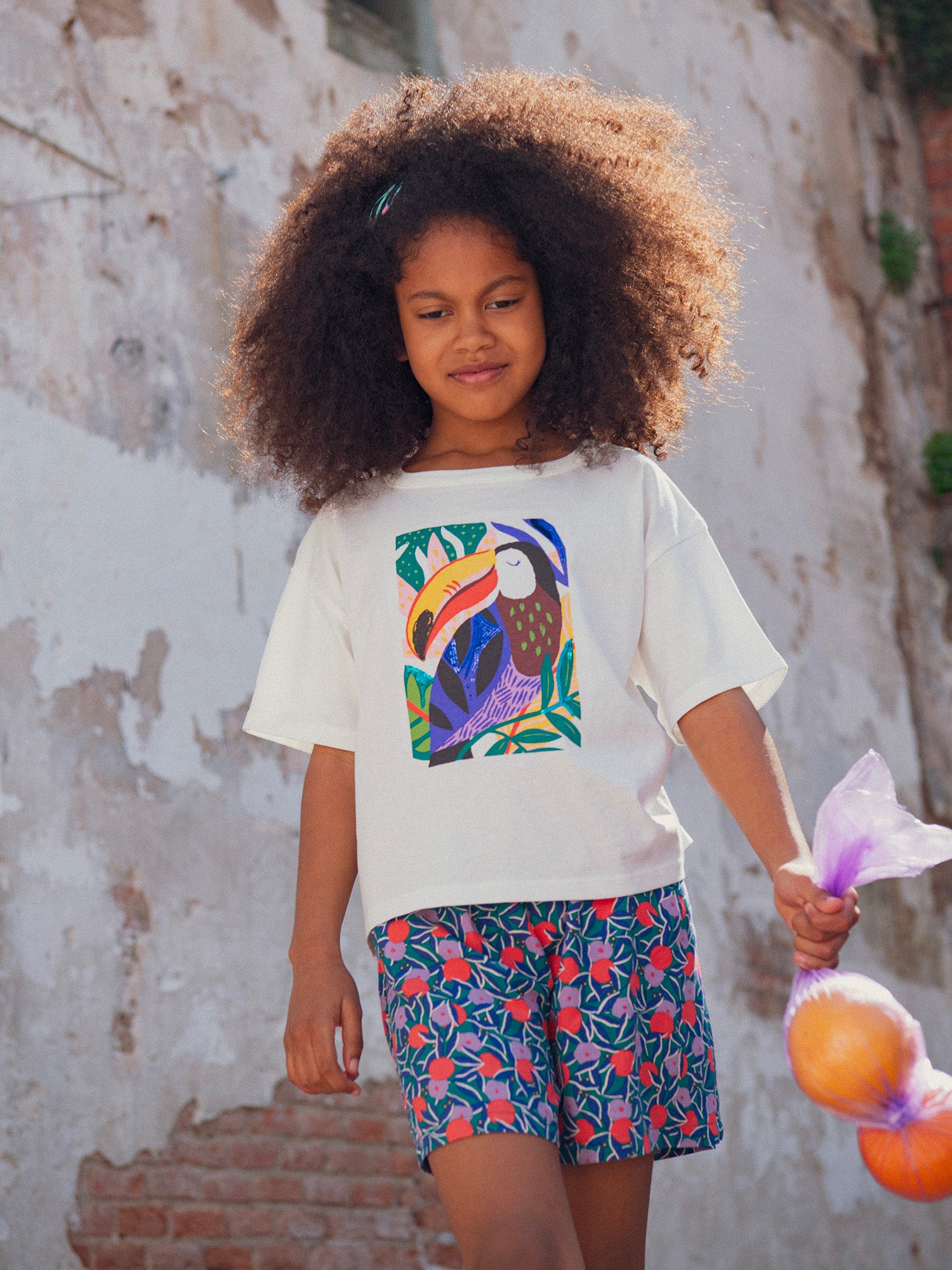 T-shirt écru animation toucan pour fille