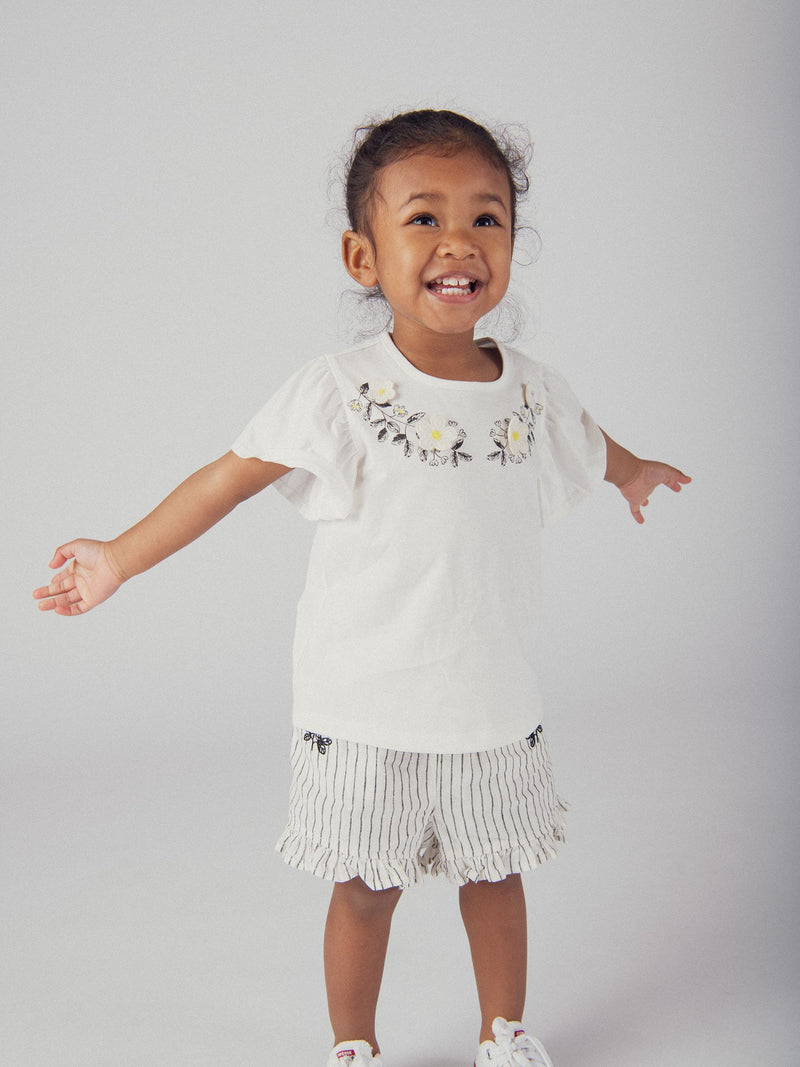 T-shirt brodé à fleurs écru avec manches volantées pour bébé fille