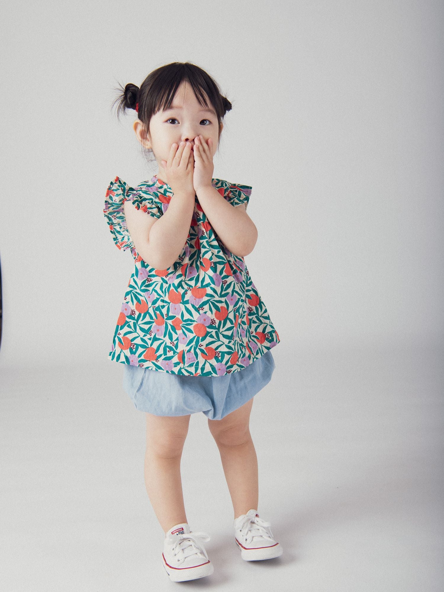 Ensemble top imprimé et bloomer en chambray pour bébé fille