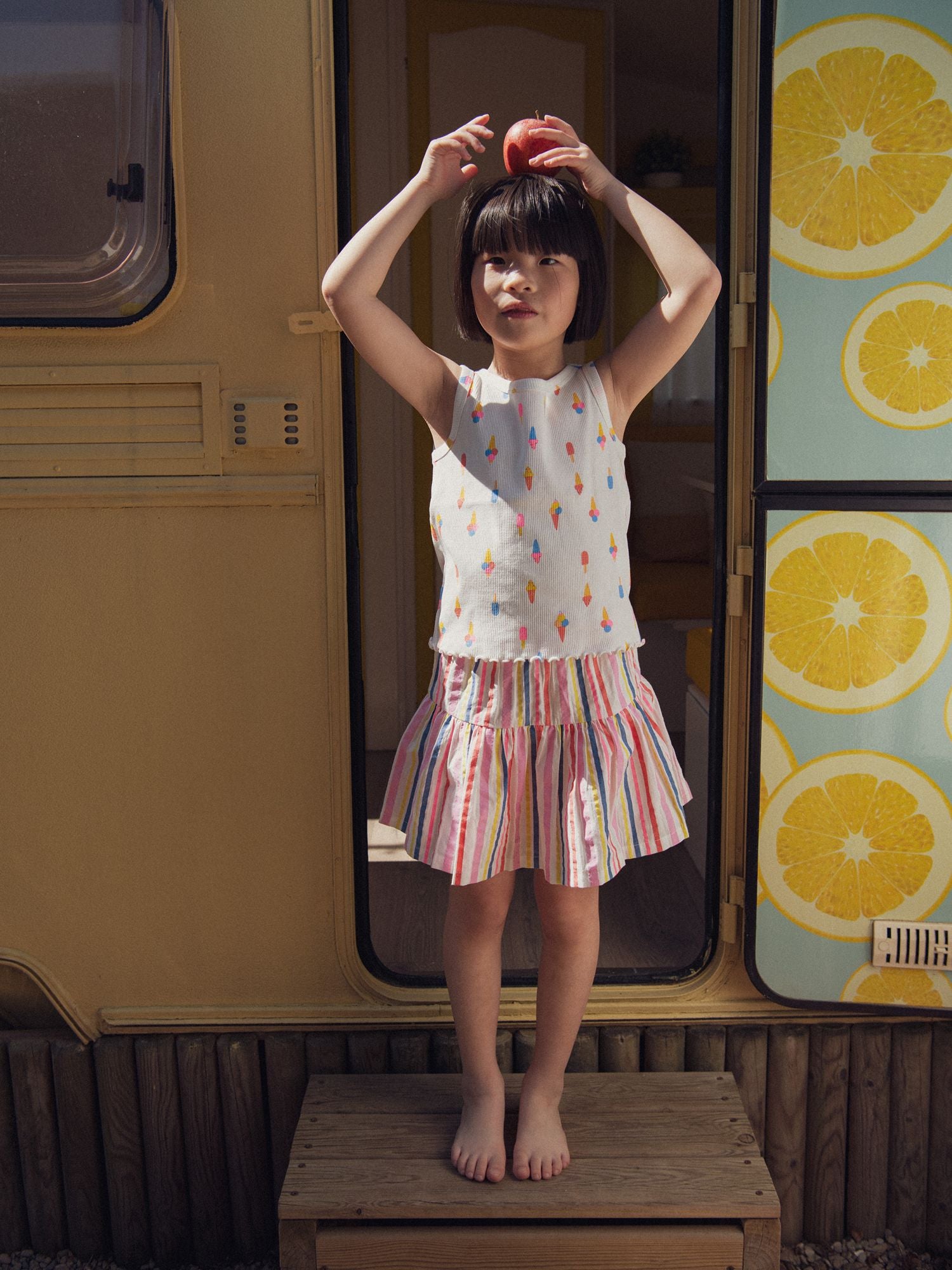 Jupe doublure short écrue rayures multicolores pour fille