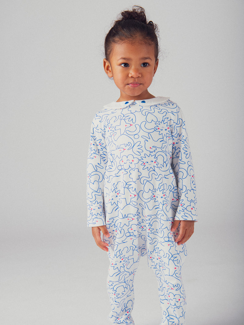 Grenouillère écrue col Claudine avec imprimé intégral "Dream" bleu pour bébé fille