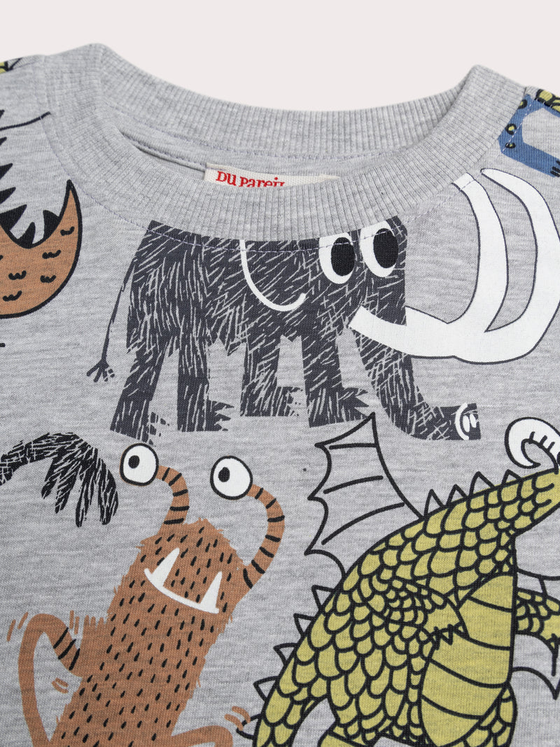 T-shirt gris chiné imprimé animaux et monstres