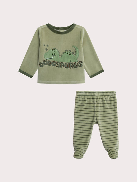Pyjama Garçon Taille 86 - Manches Longues, Imprimé Dinosaure Vert, éponge Chaude, Pour L'hiver