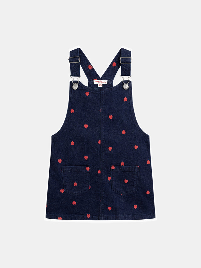 Robe-salopette bleu en denim et broderies cœur pour fille