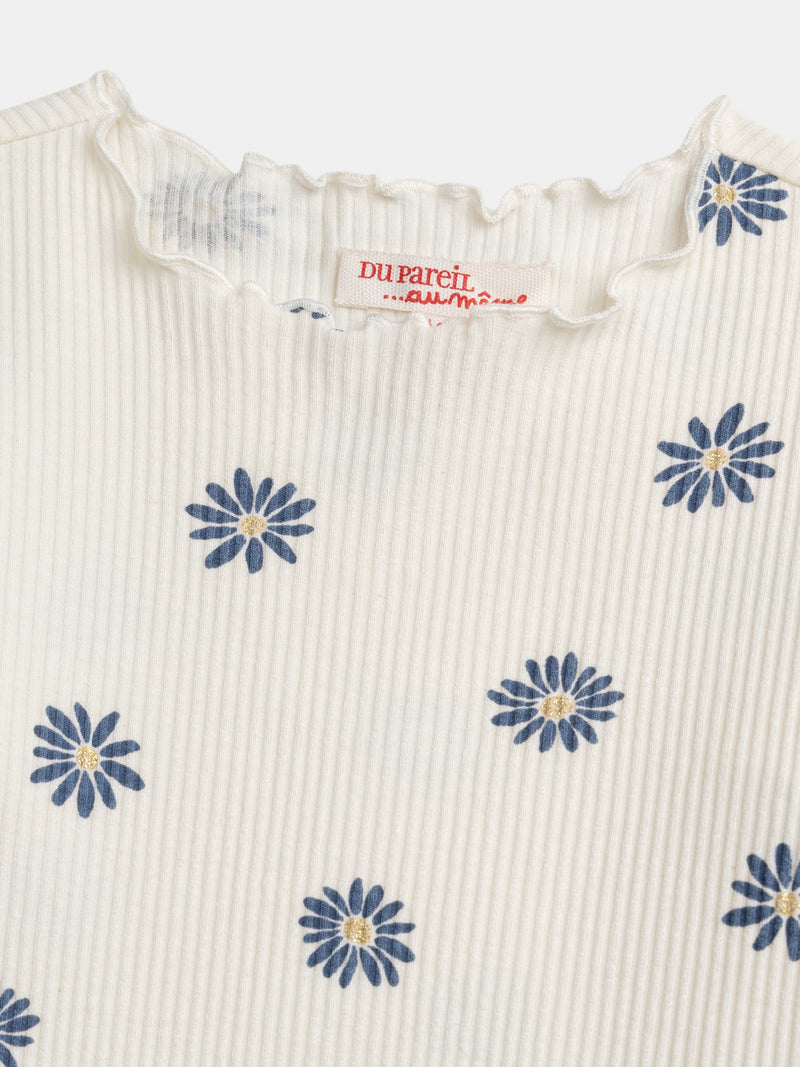 T-shirt à côte manches longues écru imprimé fleurs pour fille