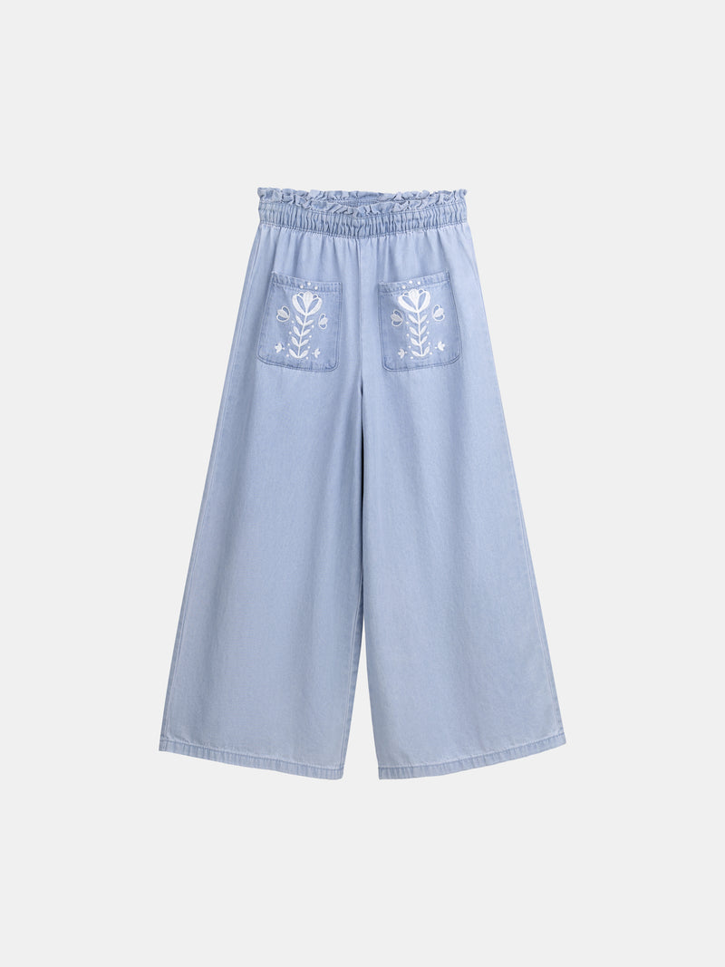 Pantalon bleu à broderies florales pour fille