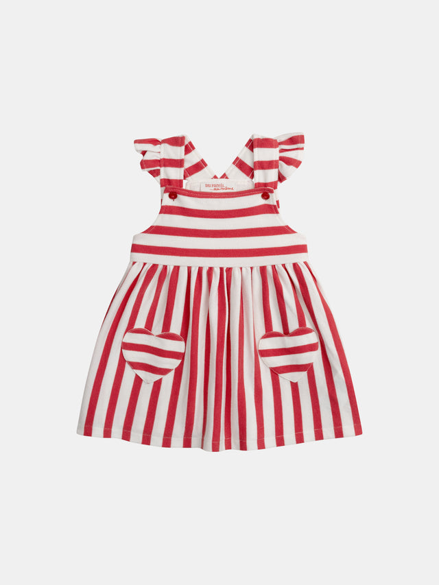Robe rayé rouge et écru avec poches cœurs pour bébé fille