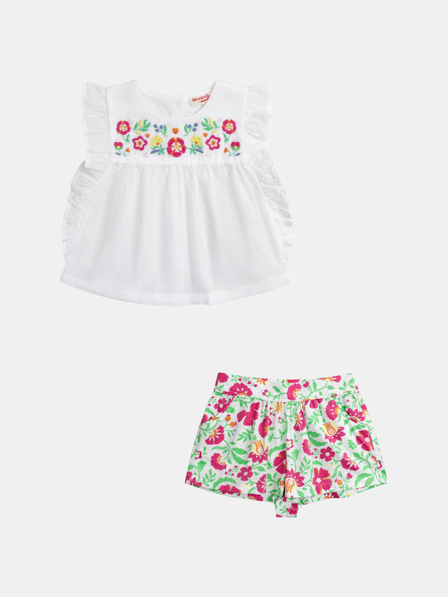 Ensemble blouse brodée et short fleuri pour bébé fille