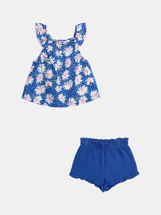 Ensemble bleu top à fleurs et short uni pour bébé fille