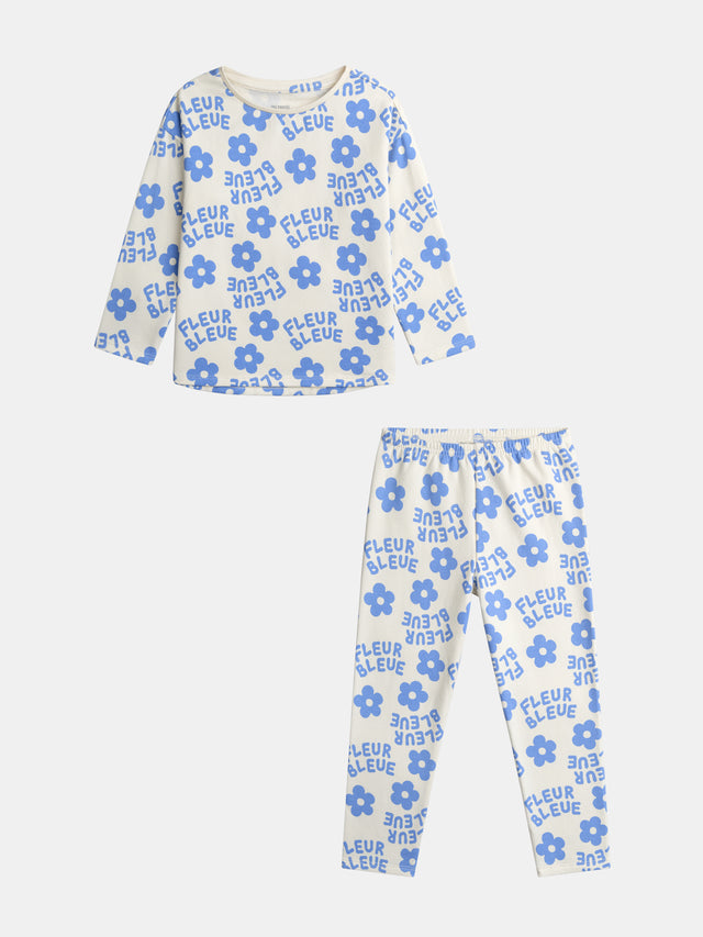 Pyjama écru imprimé all-over fleuri bleu  pour fille