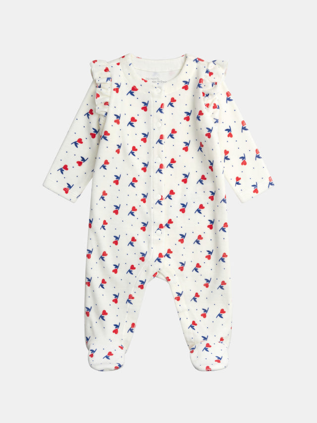 Grenouillère écrue à manches volantées avec imprimé all-over cœurs fleuris pour bébé fille