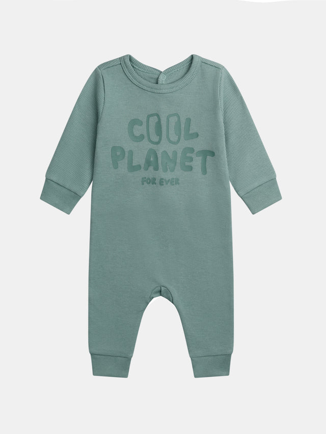 Grenouillère vert "Good Vibes" en maille gaufrée pour bébé garçon
