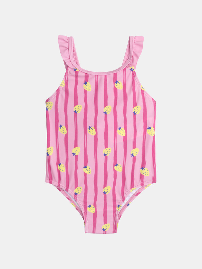 Maillot de bain 1 pièce imprimé fraises à rayures roses