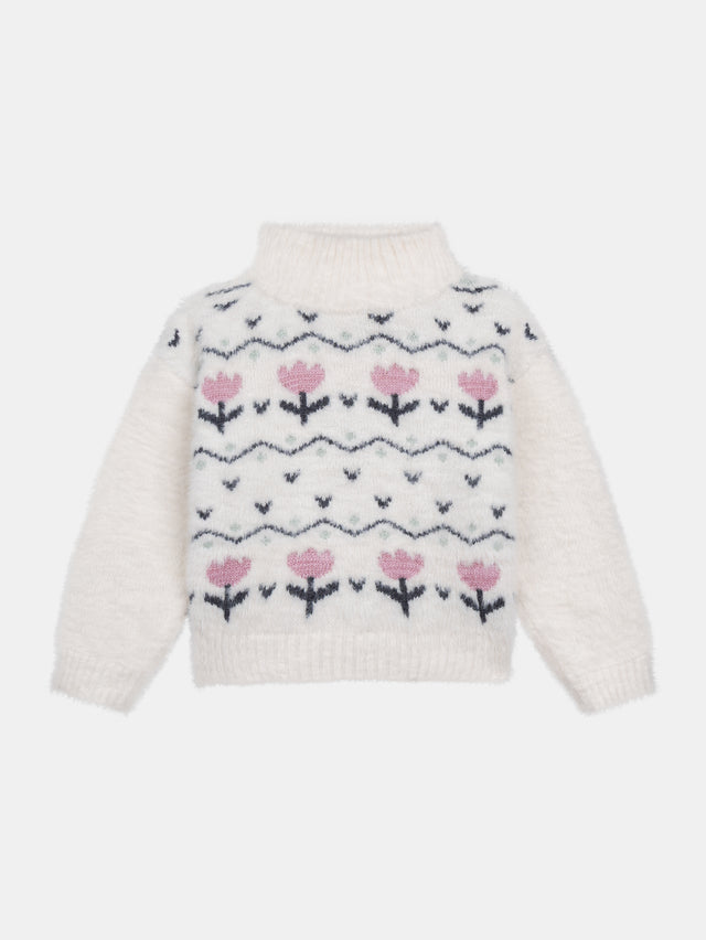Pull tricoté en maille duveuteuse et motifs fantaisies