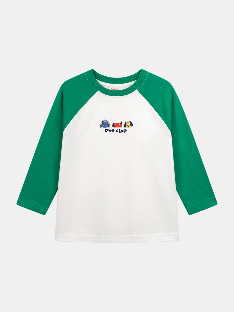 T-shirt écru à manches vertes broderie têtes de chiens pour garçon